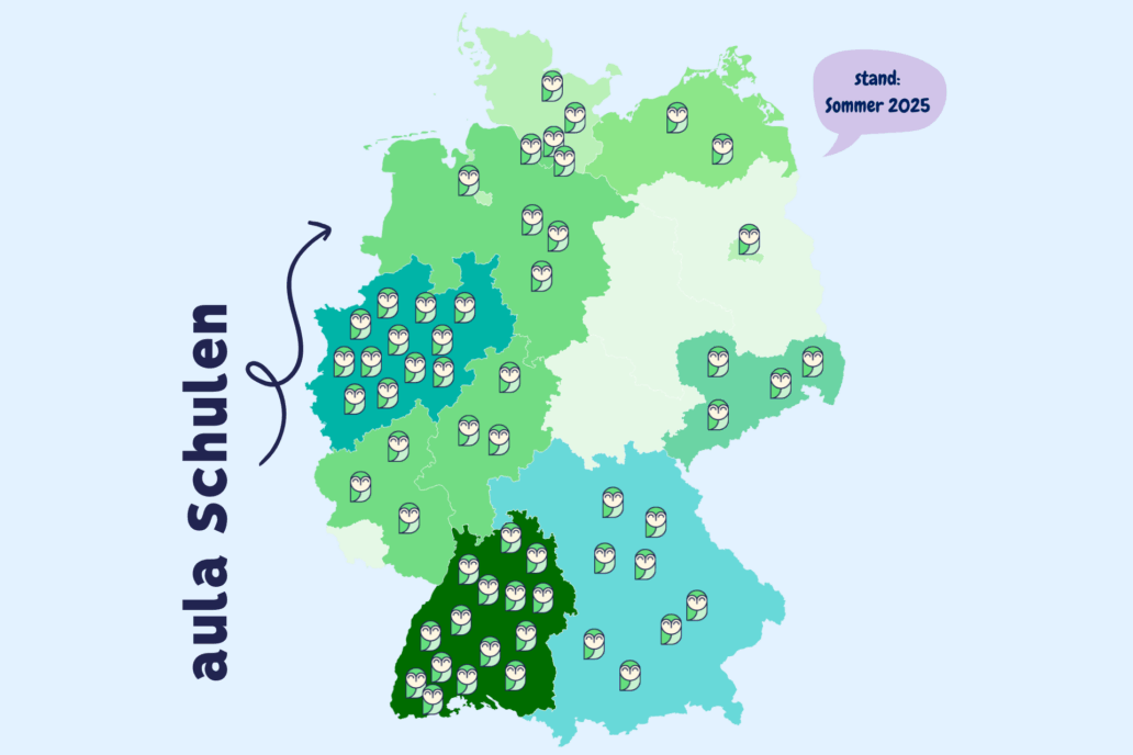 Übersicht der über 50 Schulen die aula in Deutschland nutzen. Auf einer Deutschland-Karte mit Paula Symbolen (eine Eule) angezeigt