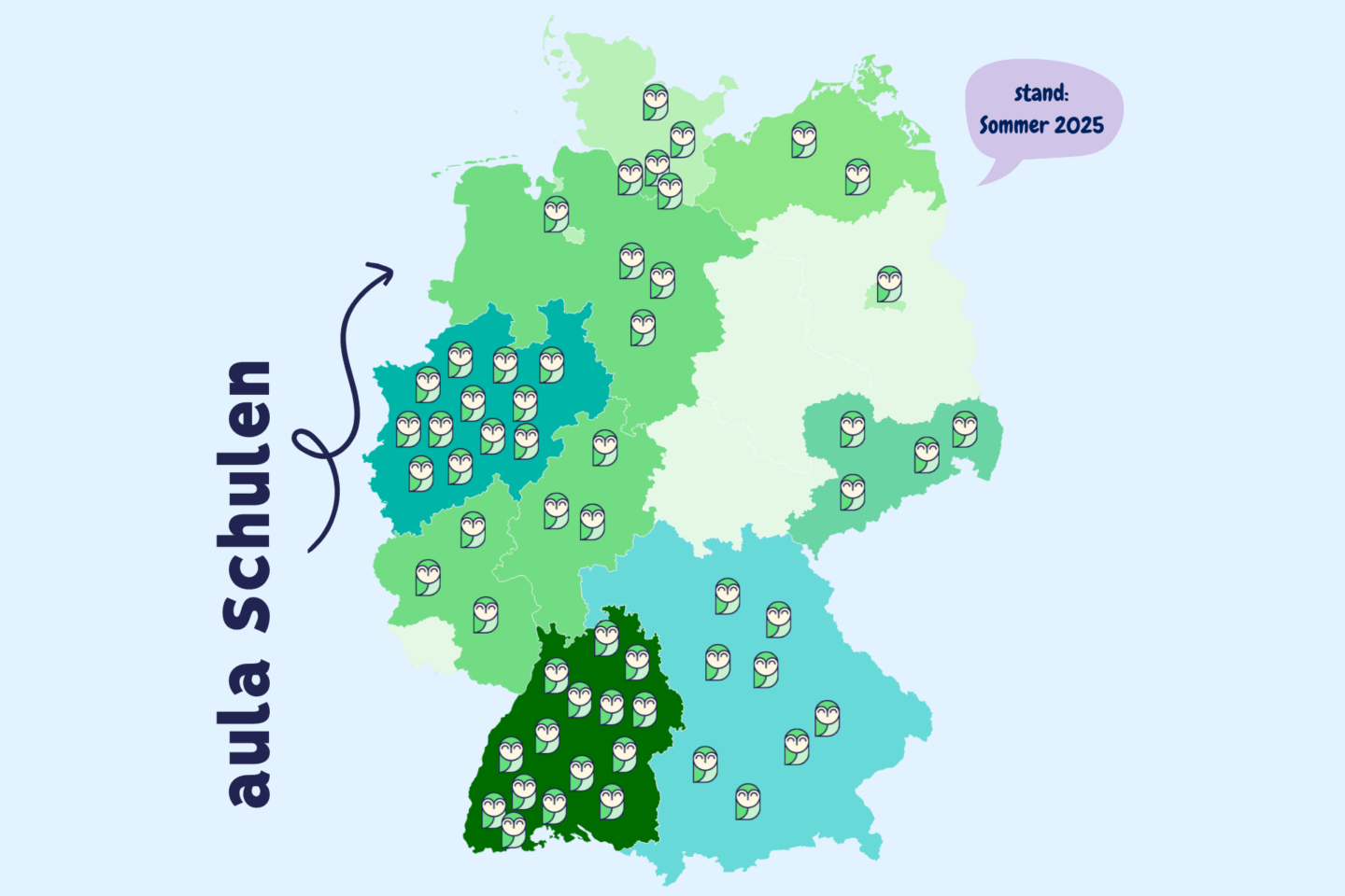 Übersicht der über 50 Schulen die aula in Deutschland nutzen. Auf einer Deutschland-Karte mit Paula Symbolen (eine Eule) angezeigt