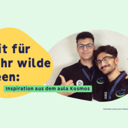 Der Header in hellgrün, zeigt eine organische, gelbe Form auf der steht: Zeit für mehr wilde Ideen. Inspiration aus dem aula Kosmos. Im Hintergrund sind zwei junge Männer die in motivierter Pose in die Kamera schauen, sie sind lächelnd und tragen aula Buttons.