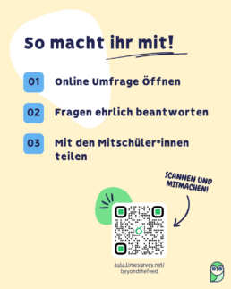 Erklärungsgrafik: so macht ihr mit. Online-Umfrage öffnen. Fragen ehrlich beantworten. Die Umfrage teilen. QR Code zur Umfrage