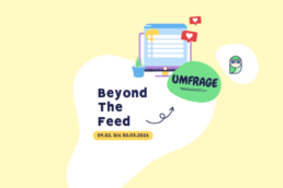 Beyond the Feed. 099-02 - 30.03.2026 Umfrage. Headerbild. Hintergrund hellgelb. Icon eines Bildschirms aus dem eine Umfrage herauskommt umgeben von Like-Herzen. Logo von aula gGmbH