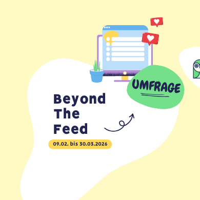 Beyond the Feed. 099-02 - 30.03.2026 Umfrage. Headerbild. Hintergrund hellgelb. Icon eines Bildschirms aus dem eine Umfrage herauskommt umgeben von Like-Herzen. Logo von aula gGmbH